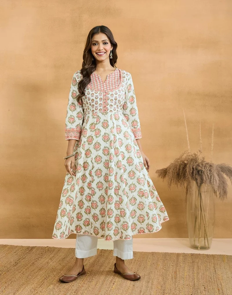 فاب انديا Pink Cotton Hand Block Printed Long Kurta