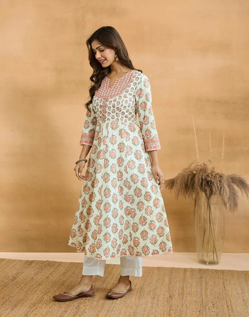 Fabindia  Pink Cotton Hand Block Printed Long Kurta for Women | Best Price UAE