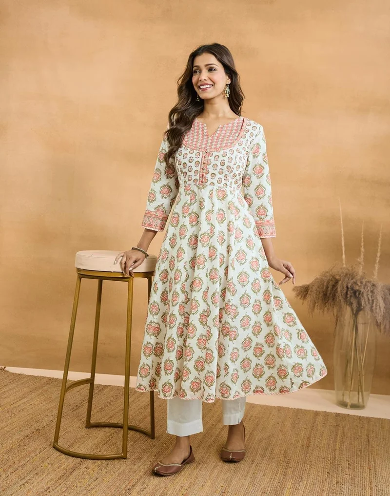 فاب انديا Pink Cotton Hand Block Printed Long Kurta