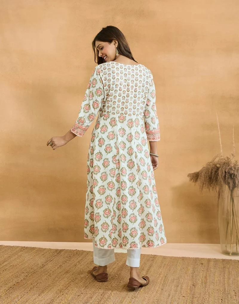 Fabindia  Pink Cotton Hand Block Printed Long Kurta for Women | Best Price UAE
