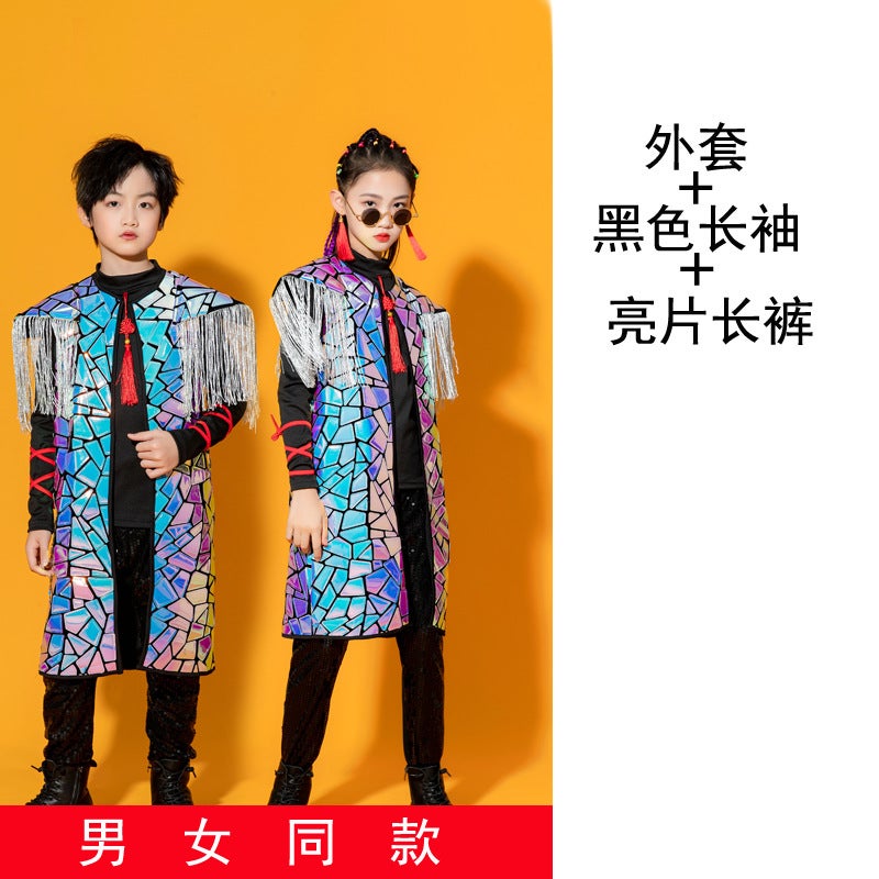 New Years Day party boys dress handsome children suit girls stage catwalk performance Costume National Fashion modern dance Diamond coat + black long sleeve + sequined trousers