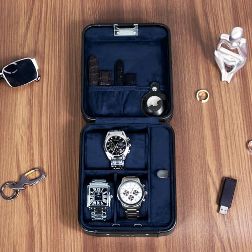 KAMIER Watch Case with Combination Lock - 4 Watch Storage and Jewelry Organizer - Watch Travel Case for Ring and Watch Storage, PU Leather Travel Watch Case, Ideal for Gift (With Gift Box),Black - Image 3