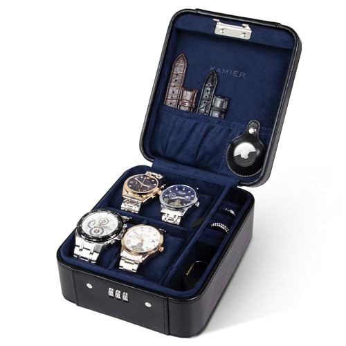KAMIER Watch Case with Combination Lock - 4 Watch Storage and Jewelry Organizer - Watch Travel Case for Ring and Watch Storage, PU Leather Travel Watch Case, Ideal for Gift (With Gift Box),Black - Image 1