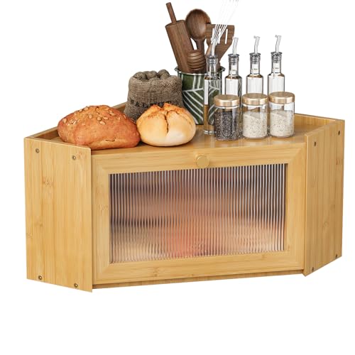 Trironsun Corner Bamboo Bread Box for Kitchen Counter Large Capacity Rustic Bread Storage Container with Wavy Arcylic Transparent Door Vintage Storage for Homemade Bread (Natural Bamboo) - Image 1