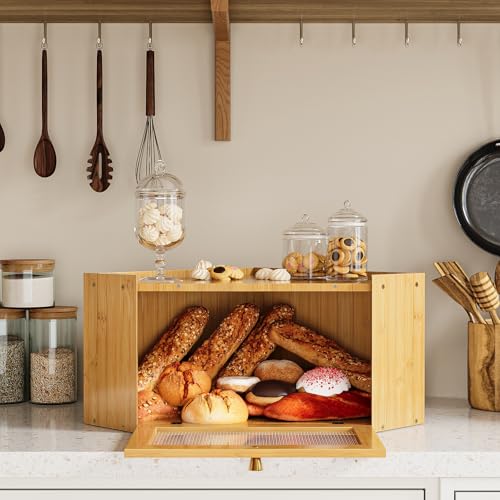 Trironsun Corner Bamboo Bread Box for Kitchen Counter Large Capacity Rustic Bread Storage Container with Wavy Arcylic Transparent Door Vintage Storage for Homemade Bread (Natural Bamboo) - Image 2