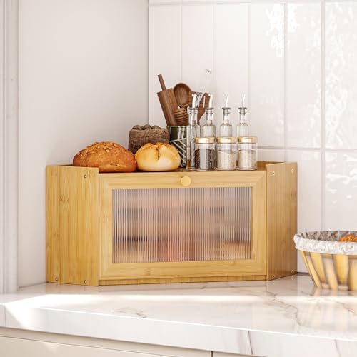 Trironsun Corner Bamboo Bread Box for Kitchen Counter Large Capacity Rustic Bread Storage Container with Wavy Arcylic Transparent Door Vintage Storage for Homemade Bread (Natural Bamboo) - Image 3