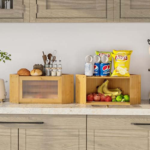 Trironsun Corner Bamboo Bread Box for Kitchen Counter Large Capacity Rustic Bread Storage Container with Wavy Arcylic Transparent Door Vintage Storage for Homemade Bread (Natural Bamboo) - Image 4