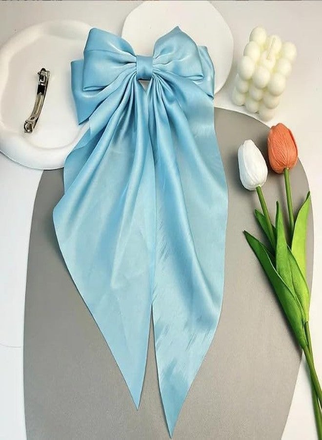 GANPUB Light Blue Jumbo Bow Clip Bow Clip For Girls Silky Satin Large Hair Slides Metal Clips French Long Tail Bowknot Hairpin Hair Pins,Clips and Barrettes Accessories - Image 2