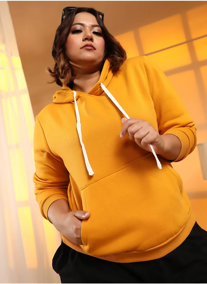 Instafab Plus Women's Mustard Yellow Solid Pullover Hoodie