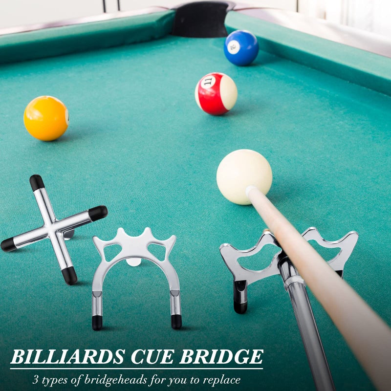 Skylety Retractable Billiards Cue Stick Bridge with 3 Pieces Removable Brass Bridge Head, Snooker Set Billiards Pool Cue Accessory for Pool Table(Silver) - Image 2