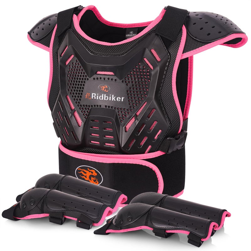 Kids Dirt Bike Gear Motorcycle Armor Kids Chest Protector Motocross Motorcycle Protective Gear Body Armor Vest Knee Guards and Elbow Full Body Protection Set for Cycling Skateboard MTB ATV Pink