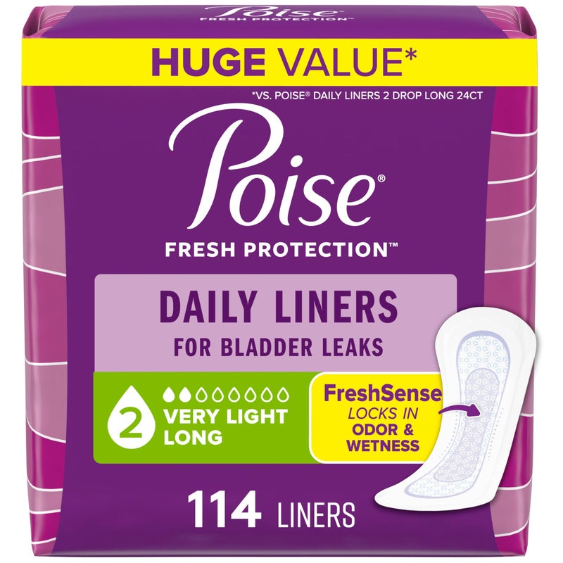 Poise Daily Liners Incontinence Panty Liners 2 Drop Very Light Absorbency Long Length 114 Count of Pantiliners Packaging May Vary