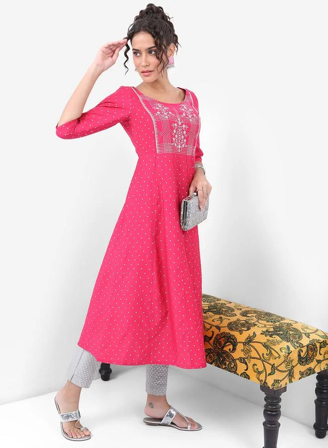 Vishudh Vishudh Pink & White Floral Embroidered Anarkali Kurta