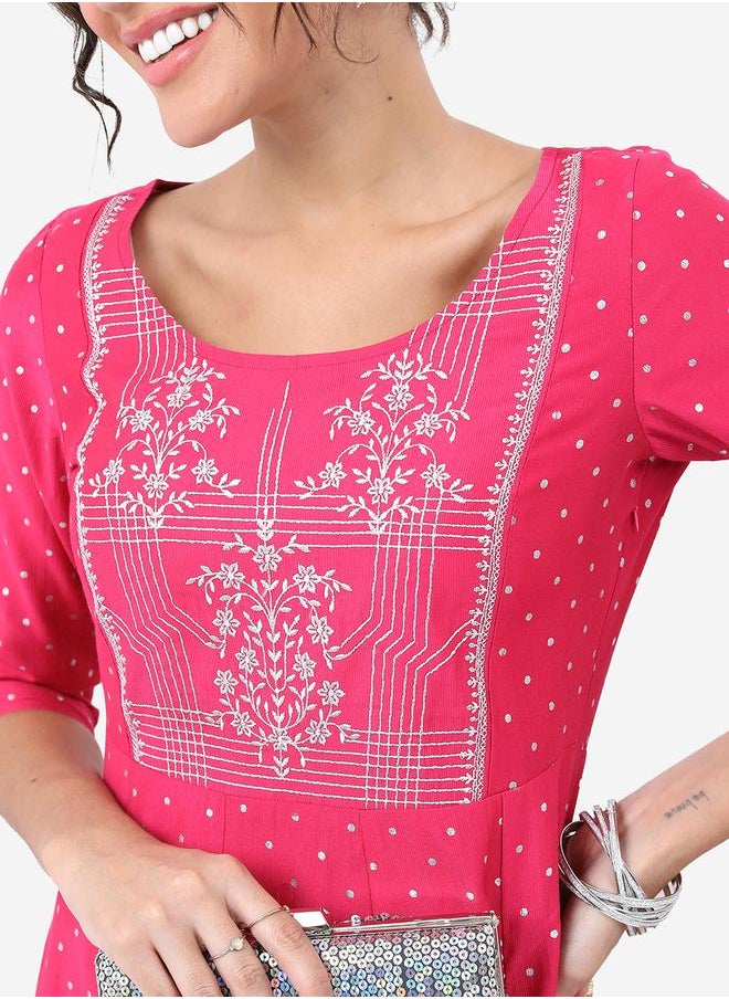 Vishudh Pink & White Floral Embroidered Anarkali Kurta by Styli  - Image 5
