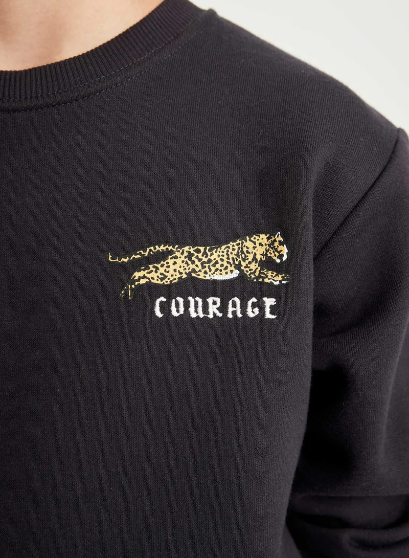 DeFacto Black Animal Printed Crew Neck Thick Sweatshirt