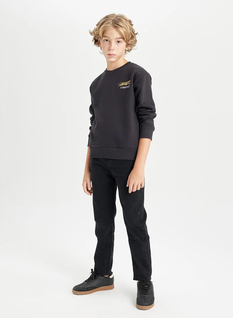DeFacto Black Animal Printed Crew Neck Thick Sweatshirt