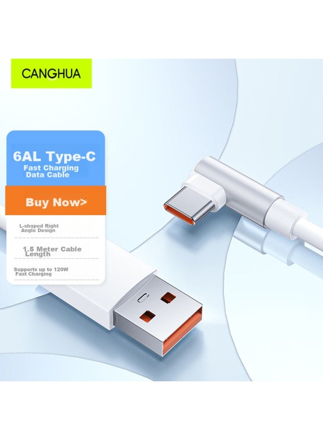 CangHua Type-c 6a Charging Cable 120w/67w Angled Fast Charging Cord For Xiaomi Phones 13pro/12/11, Redmi K50/40s/note, 1.5 Meters - Image 1