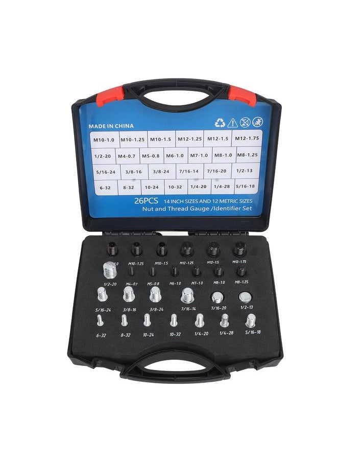 26 PCS Nut Bolt Thread Checker High Accuracy Carbon Steel ABS Nut and Bolt Thread Gauge Set for Detecting Fixed Bolts