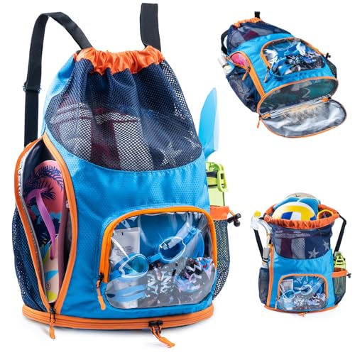 VIGEGARI Mesh Drawstring Backpack with Shoe Compartment Sandproof Beach Swim Bag with Wet Pocket Pool Gym Shower Bag for Travel Summer Camp - Image 1