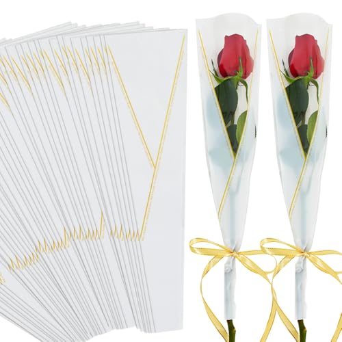 BEISHIDA 100 PCS Single Rose Sleeve Plastic Single Flower Wrapping Rose Packaging Cellophane Flower Sleeves for Florist Bouquet Supplies Mothers Day Valentines Day White and Gold Letter - Image 1