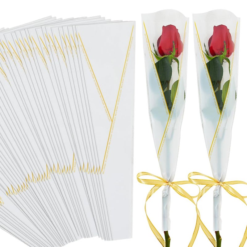 BEISHIDA 100 PCS Single Rose Sleeve Plastic Single Flower Wrapping Rose Packaging Cellophane Flower Sleeves for Florist Bouquet Supplies Mothers Day Valentines Day White and Gold Letter - Image 2