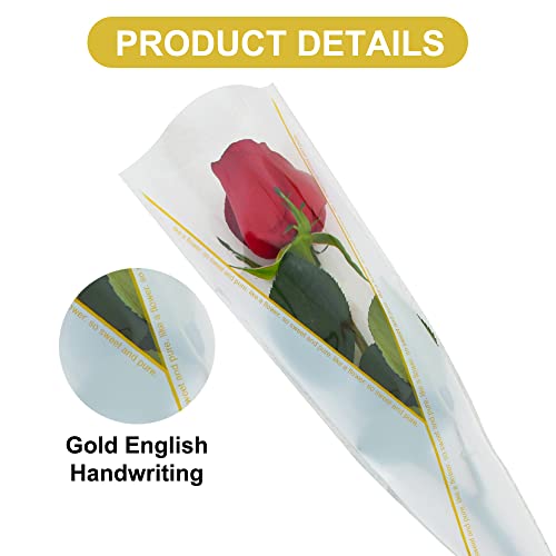 BEISHIDA 100 PCS Single Rose Sleeve Plastic Single Flower Wrapping Rose Packaging Cellophane Flower Sleeves for Florist Bouquet Supplies Mothers Day Valentines Day White and Gold Letter - Image 3