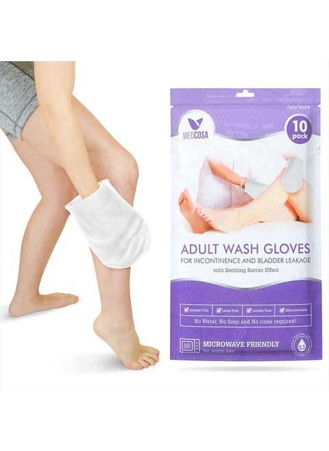 Adult Washgloves for Incontinence | Glove Shaped Unique Disposable Body Wipes | Unscented, Premoistened Wet Wipes, with Barrier Cream & Dimethicone - 1 Pack (10 Gloves)