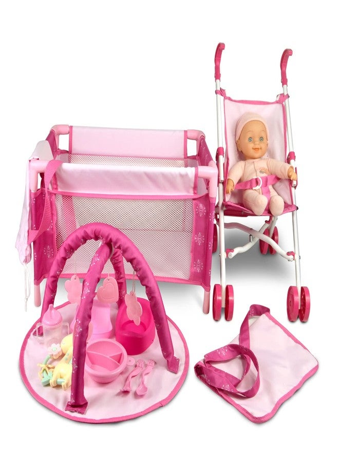 ANIVIA Baby Doll Stroller Set - Includes Stroller, Crib, Play Mat, Feeding Toy, Diaper Bag - Nursery Role Play Set (11" Doll Included) - Image 1