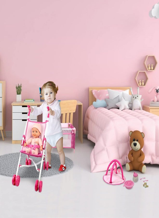ANIVIA Baby Doll Stroller Set - Includes Stroller, Crib, Play Mat, Feeding Toy, Diaper Bag - Nursery Role Play Set (11" Doll Included) - Image 2