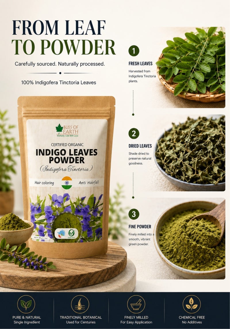 Bliss of Earth 453g Natural Indigo Powder for Hair – 100% Pure Herbal Hair Dye | Chemical-Free Black Hair Color | Ammonia-Free | For Grey Coverage | Plant Based Hair Colour – 453g - Image 3