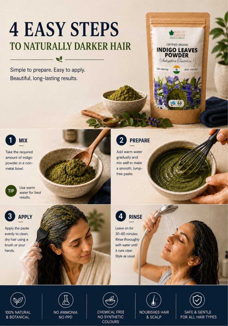 Bliss of Earth 453g Natural Indigo Powder for Hair – 100% Pure Herbal Hair Dye | Chemical-Free Black Hair Color | Ammonia-Free | For Grey Coverage | Plant Based Hair Colour – 453g - Image 5