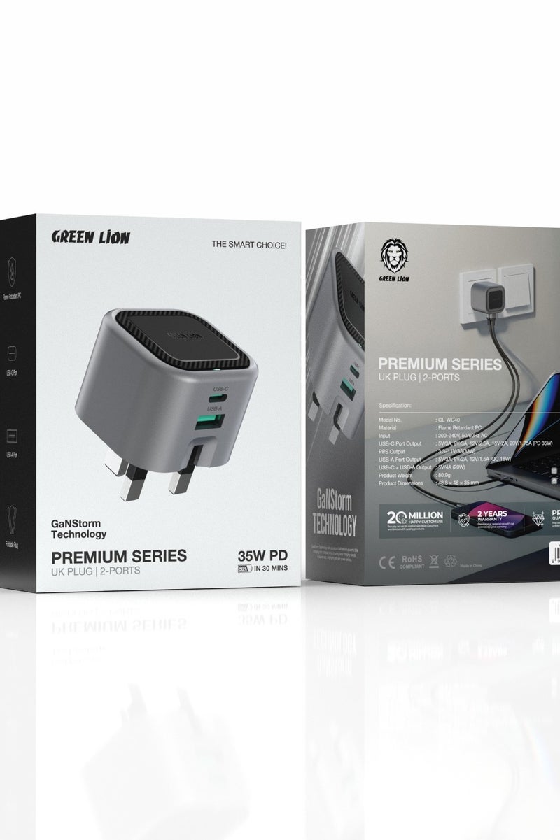GREEN LION UK Plug GaN Charger with Dual PD 35W USB-C & USB-A Fast Charging Ports / Flame Retardant PC / Suitable for Laptop Charging / Universal Compatibility / Quick Wall Charger - Gray - Image 3