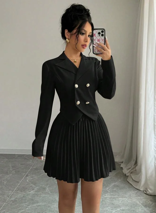 تايك تو طقم منسق من بليزر بياقة مطوية وتنورة بكسرات