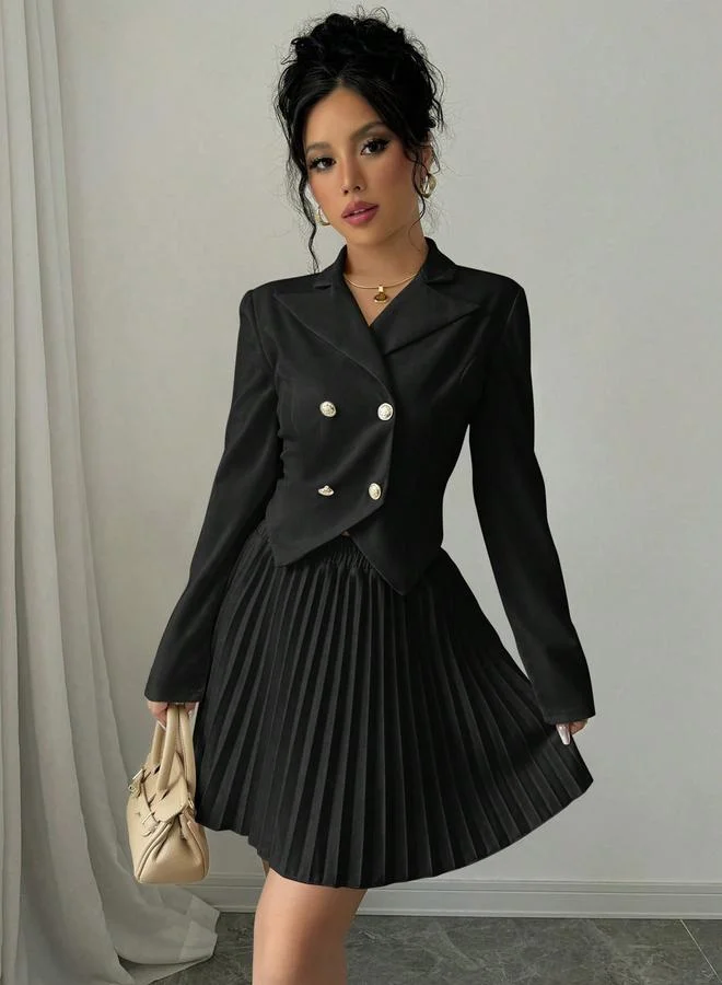 تايك تو طقم منسق من بليزر بياقة مطوية وتنورة بكسرات