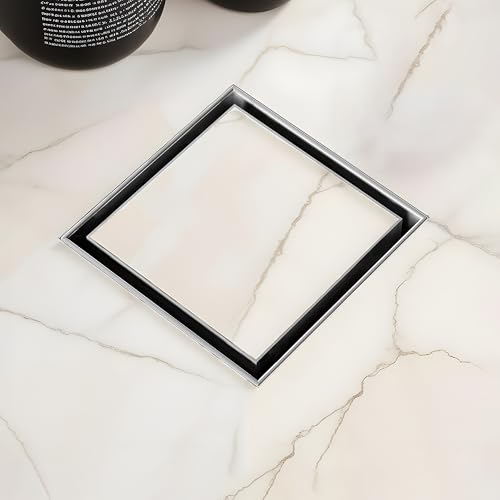 Ruhe Square Tile Insert Shower Drain Channel | 4 x 4 Inches | 304 Stainless Steel |Silver | Waste Water Floor Drain for 13mm Tile | Anti Cockroach Trap | Side Hole Type - Image 1