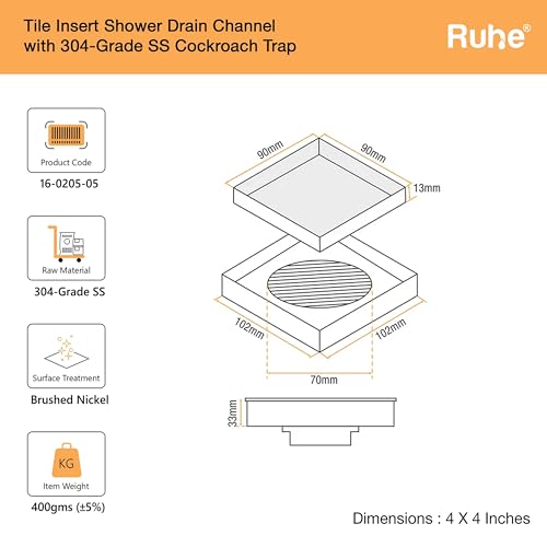 Ruhe Square Tile Insert Shower Drain Channel | 4 x 4 Inches | 304 Stainless Steel |Silver | Waste Water Floor Drain for 13mm Tile | Anti Cockroach Trap | Side Hole Type - Image 2