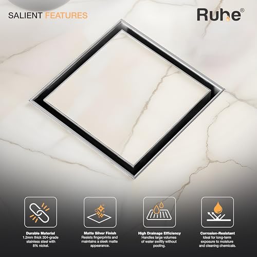 Ruhe Square Tile Insert Shower Drain Channel | 4 x 4 Inches | 304 Stainless Steel |Silver | Waste Water Floor Drain for 13mm Tile | Anti Cockroach Trap | Side Hole Type - Image 3
