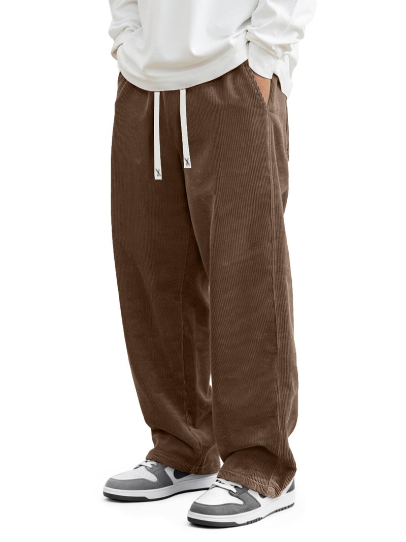 JMIERR Men's Baggy Corduroy Pants Brown Joggers Wide Leg Loose Fit Y2K Elastic Waist Relaxed Drawstring Cargo Sweatpants Couple Matching Pants, M - Image 1