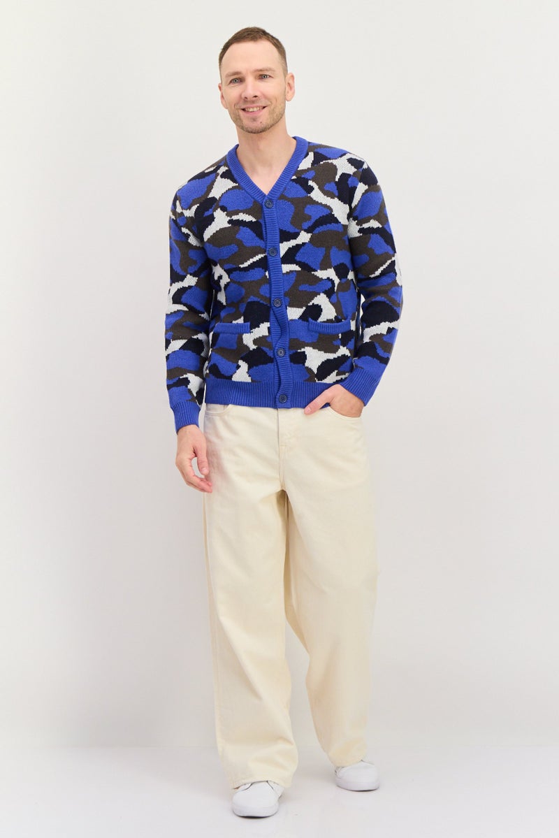 ESPRIT Men V Neck Long Sleeves Knitted Cardigan, Blue Combo - Image 4