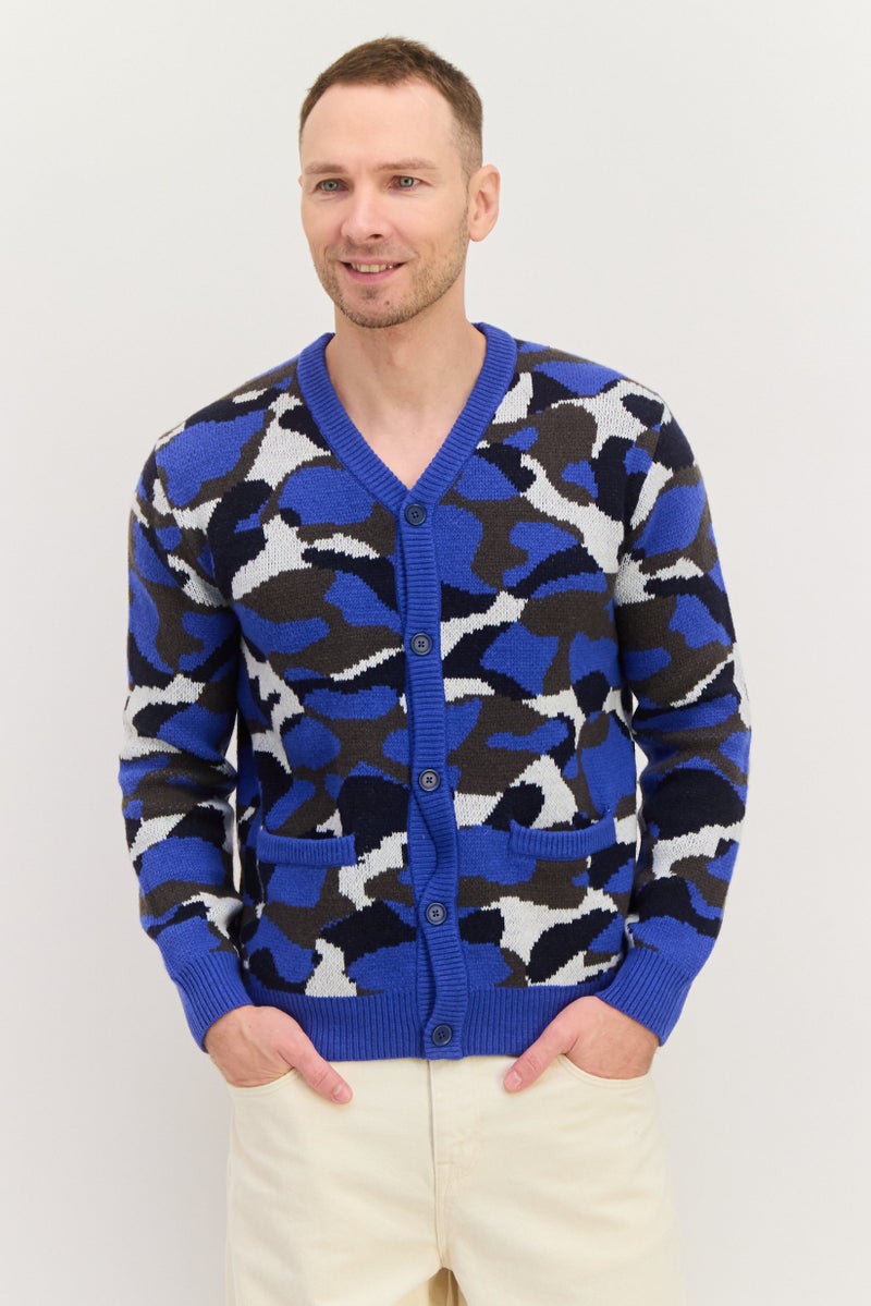 ESPRIT Men V Neck Long Sleeves Knitted Cardigan, Blue Combo - Image 1