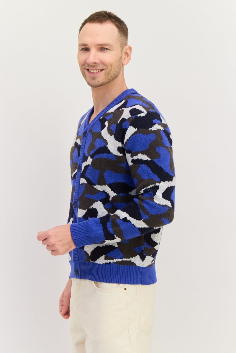 ESPRIT Men V Neck Long Sleeves Knitted Cardigan, Blue Combo - Image 2