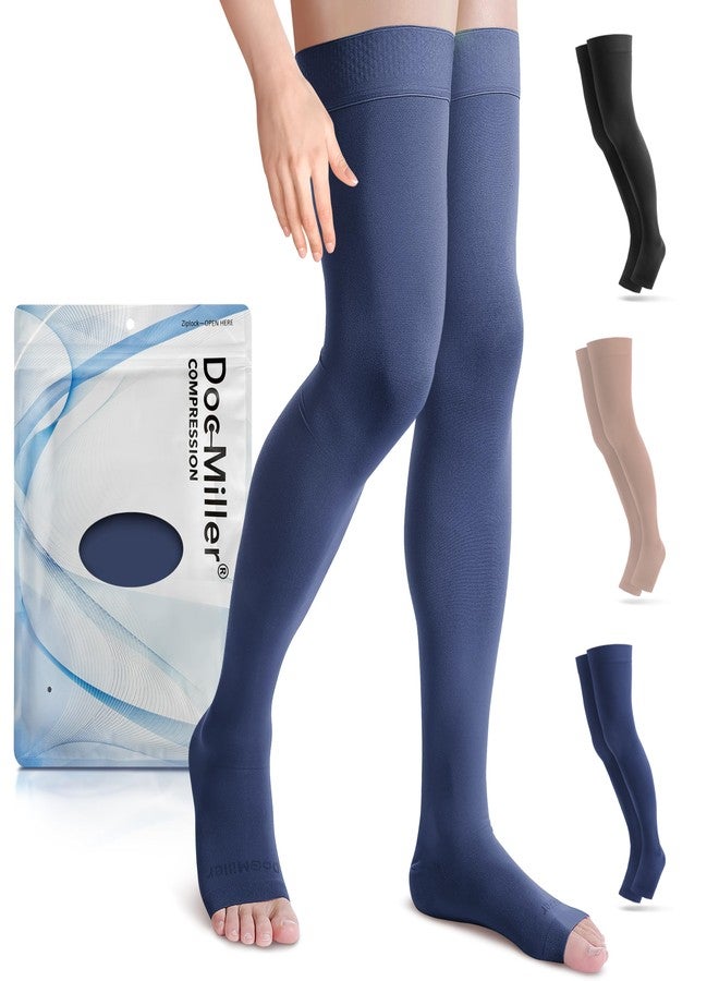 Doc Miller Thigh High Open Toe Compression Stockings 15-20mmHg for Varicose Veins, Pregnancy Support Open Toe Thigh High Compression Socks for Women and Men (Dark Blue, Large) - Image 1