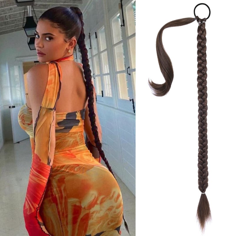 إكستينشن ذيل حصان مضفر طويل من SEIKEA مع رباط شعر، إكستينشن شعر مفرود، قطعة شعر طبيعية ناعمة، بني داكن مع خصل نحاسية، 38 بوصة بعد الضفر 34 بوصة