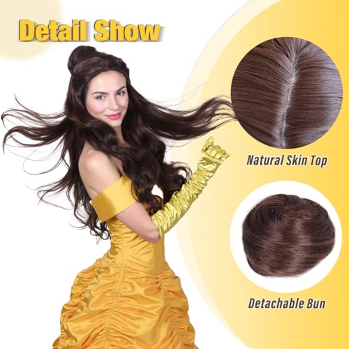 ColorGround Women’s Long Wavy Brown Prestyled Cosplay Costume Wig with Detachable Bun - Image 5