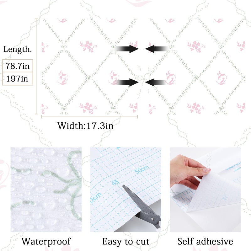 Hopepak Modern Peel and Stick Wallpaper Stripe Floral Wallpaper 17" x 78.7" Pink White Flower Bow Contact Paper Self Adhesive Removable Wall Paper Vinyl for Bedroom Bathroom Cabinets Wall Decor - Image 5