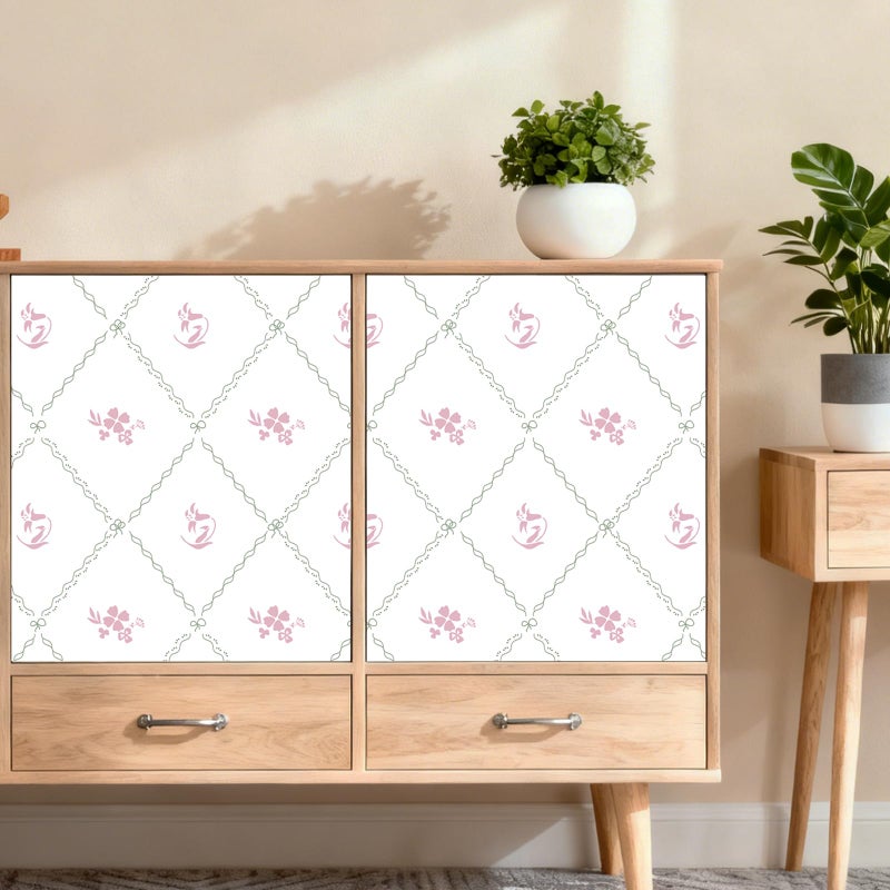Hopepak Modern Peel and Stick Wallpaper Stripe Floral Wallpaper 17" x 78.7" Pink White Flower Bow Contact Paper Self Adhesive Removable Wall Paper Vinyl for Bedroom Bathroom Cabinets Wall Decor - Image 3