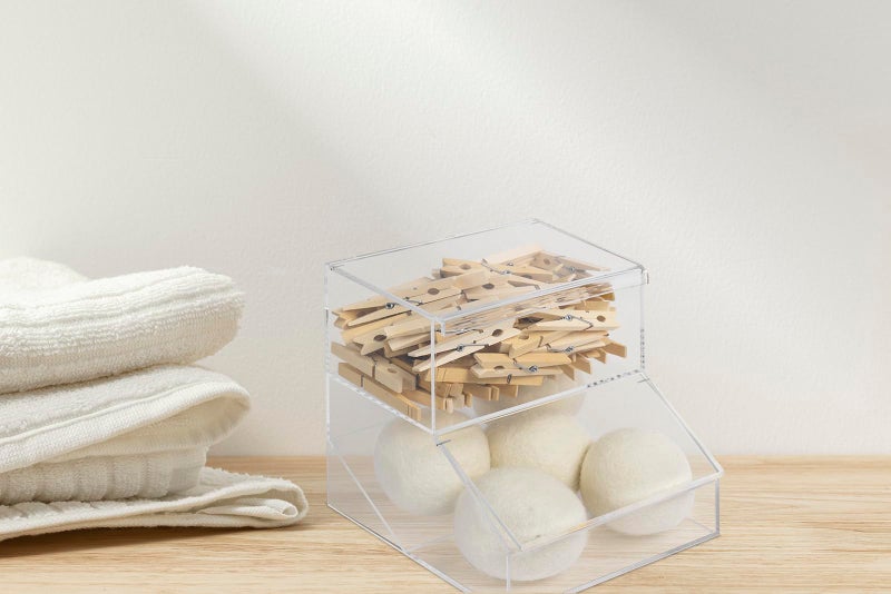 Inevibe Laundry Pod Holder & Dryer Sheet Dispenser - 2 Compartment Acrylic Container W/Lids For Storing Clothes Pins  Cotton Balls  Dishwasher Pods For Laundry Room Organization - Image 2