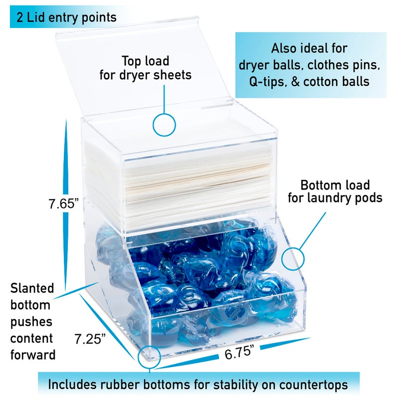 Inevibe Laundry Pod Holder & Dryer Sheet Dispenser - 2 Compartment Acrylic Container W/Lids For Storing Clothes Pins  Cotton Balls  Dishwasher Pods For Laundry Room Organization - Image 3