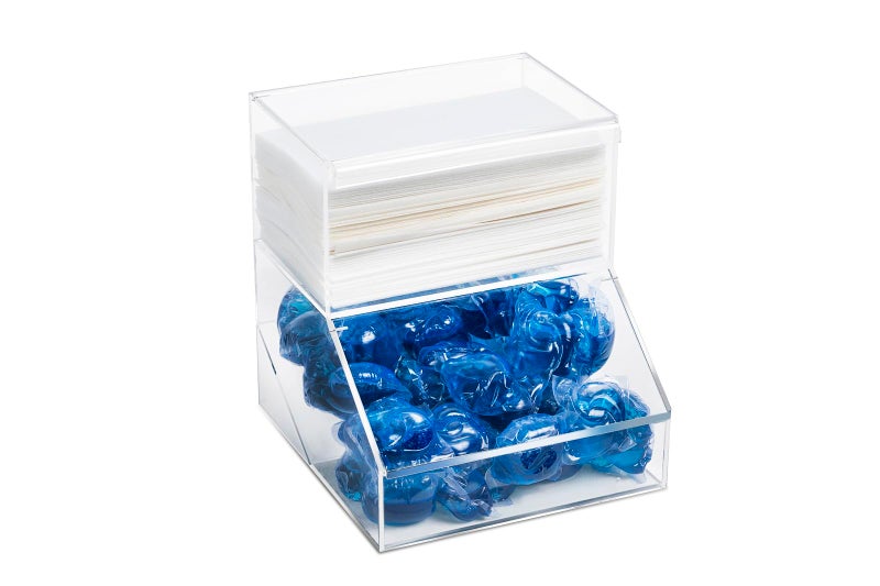 Inevibe Laundry Pod Holder & Dryer Sheet Dispenser - 2 Compartment Acrylic Container W/Lids For Storing Clothes Pins  Cotton Balls  Dishwasher Pods For Laundry Room Organization - Image 1