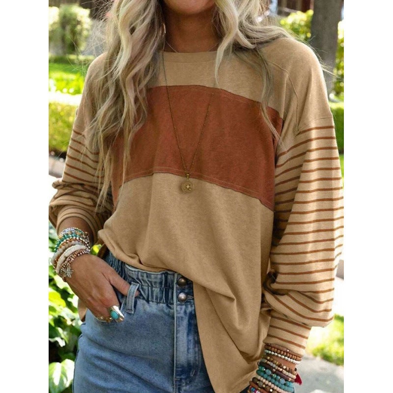 2024 Spring New Casual And Comfortable Striped Color Contrast Long Sleeve T-Shirt For Women - Image 5